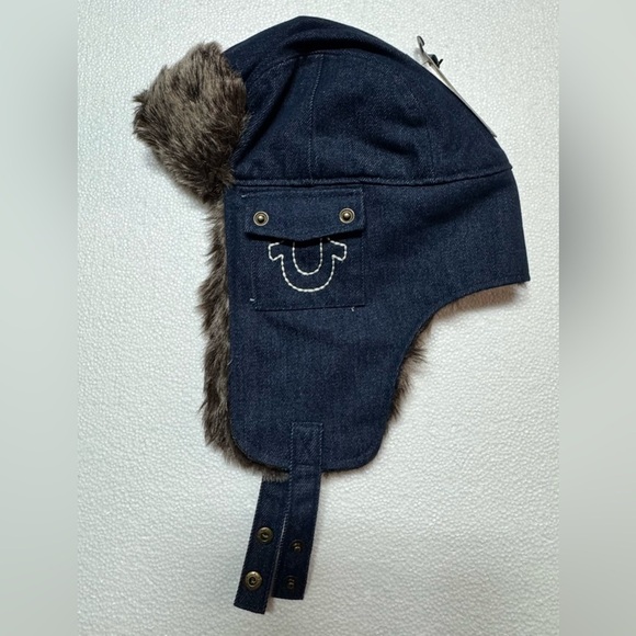 True Religion Blue Denim Trapper Hat with Faux Fur - Picture 4 of 14